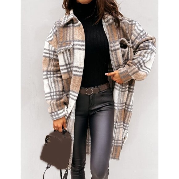 Chic Khaki Plaid Long Flannel Shacket for Women - Cozy and Stylish Outerwear - Picture 4 of 6
